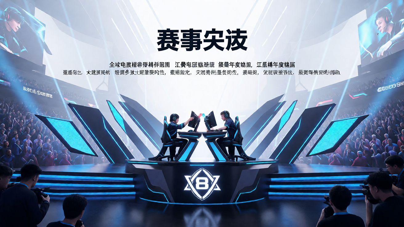 大型电竞赛事现场，选手在舞台中央激烈对战