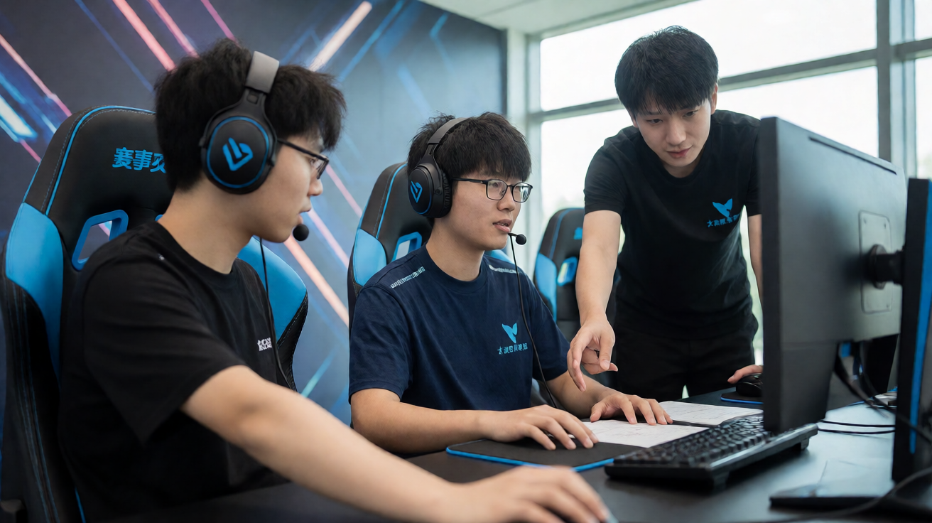 电竞选手在专业比赛场馆进行团队协作